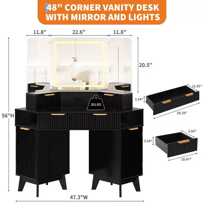 Coiffeuse cannelée de 48 pouces, grande coiffeuse d'angle éclairée avec triple miroir HD et lumières, table de maquillage