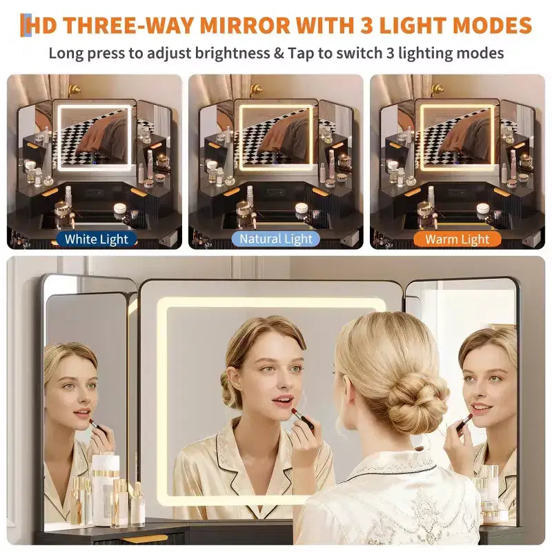 Coiffeuse cannelée de 48 pouces, grande coiffeuse d'angle éclairée avec triple miroir HD et lumières, table de maquillage