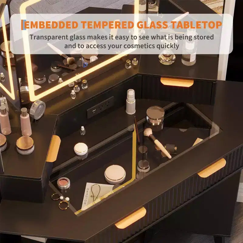 Coiffeuse cannelée de 48 pouces, grande coiffeuse d'angle éclairée avec triple miroir HD et lumières, table de maquillage