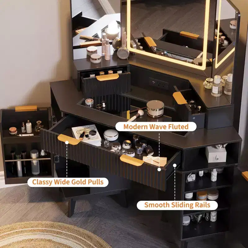 Coiffeuse cannelée de 48 pouces, grande coiffeuse d'angle éclairée avec triple miroir HD et lumières, table de maquillage