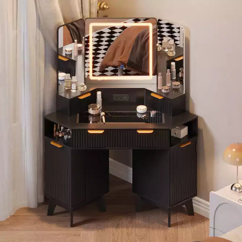 Coiffeuse cannelée de 48 pouces, grande coiffeuse d'angle éclairée avec triple miroir HD et lumières, table de maquillage