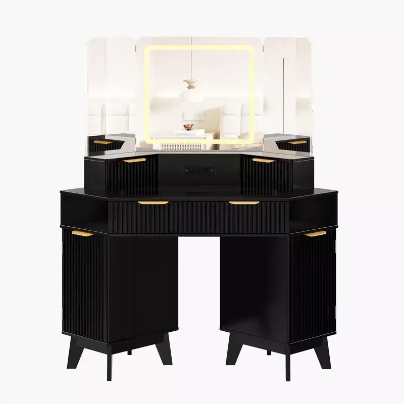 Coiffeuse cannelée de 48 pouces, grande coiffeuse d'angle éclairée avec triple miroir HD et lumières, table de maquillage