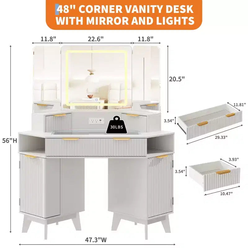 Coiffeuse cannelée de 48 pouces, grande coiffeuse d'angle éclairée avec triple miroir HD et lumières, table de maquillage