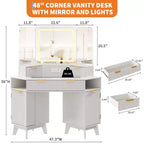 Coiffeuse cannelée de 48 pouces, grande coiffeuse d'angle éclairée avec triple miroir HD et lumières, table de maquillage