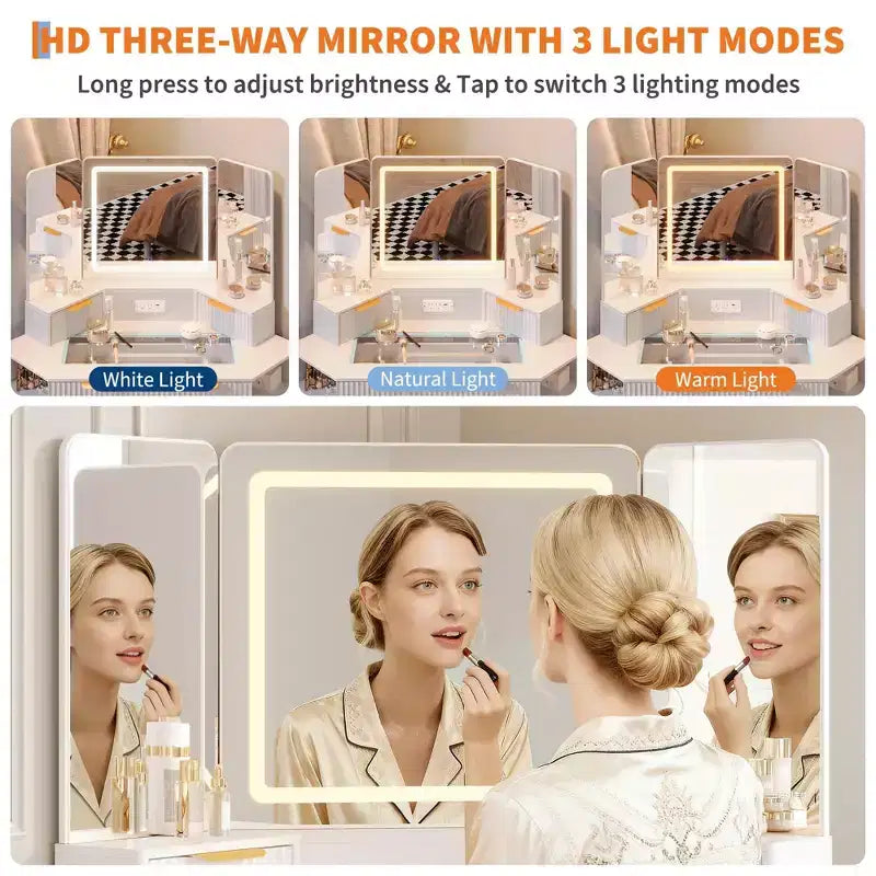 Coiffeuse cannelée de 48 pouces, grande coiffeuse d'angle éclairée avec triple miroir HD et lumières, table de maquillage
