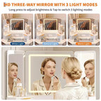 Coiffeuse cannelée de 48 pouces, grande coiffeuse d'angle éclairée avec triple miroir HD et lumières, table de maquillage