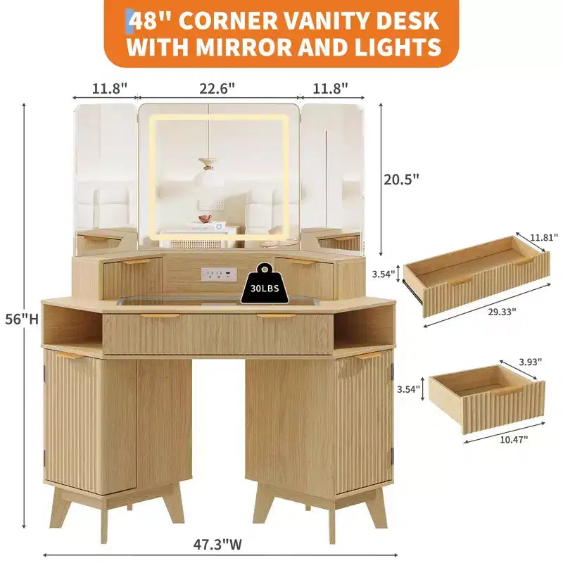 Coiffeuse cannelée de 48 pouces, grande coiffeuse d'angle éclairée avec triple miroir HD et lumières, table de maquillage