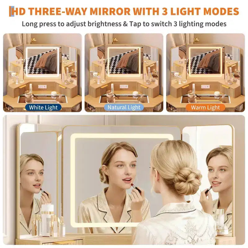 Coiffeuse cannelée de 48 pouces, grande coiffeuse d'angle éclairée avec triple miroir HD et lumières, table de maquillage