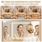 Coiffeuse cannelée de 48 pouces, grande coiffeuse d'angle éclairée avec triple miroir HD et lumières, table de maquillage