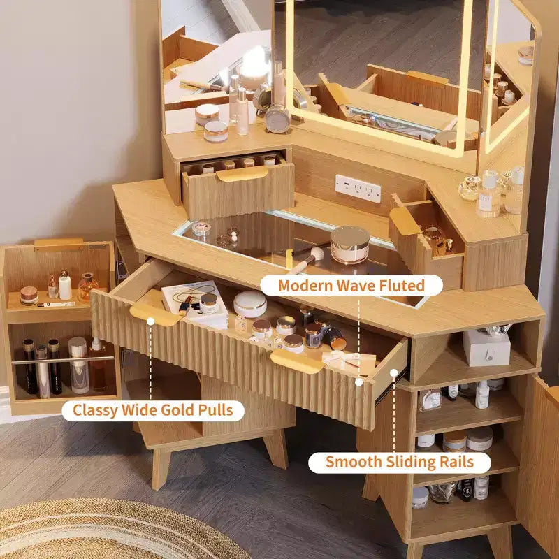 Coiffeuse cannelée de 48 pouces, grande coiffeuse d'angle éclairée avec triple miroir HD et lumières, table de maquillage