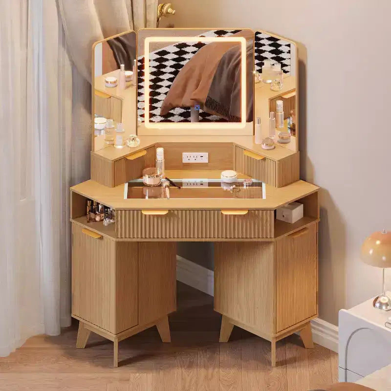 Coiffeuse cannelée de 48 pouces, grande coiffeuse d'angle éclairée avec triple miroir HD et lumières, table de maquillage