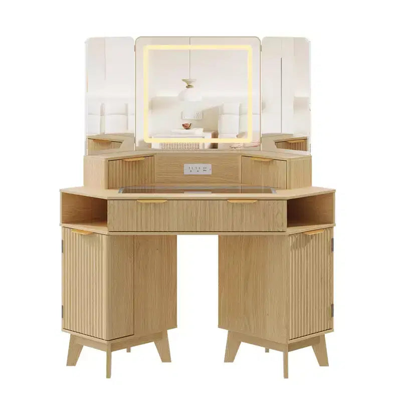 Coiffeuse cannelée de 48 pouces, grande coiffeuse d'angle éclairée avec triple miroir HD et lumières, table de maquillage