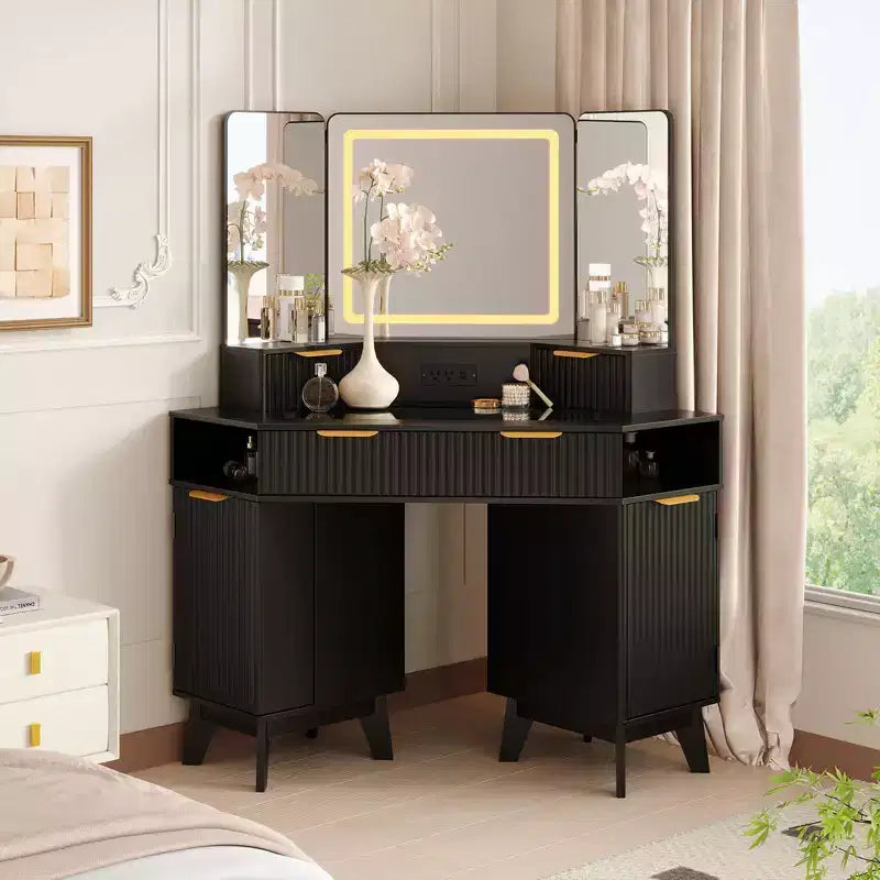 Coiffeuse cannelée de 48 pouces, grande coiffeuse d'angle éclairée avec triple miroir HD et lumières, table de maquillage