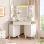 Coiffeuse cannelée de 48 pouces, grande coiffeuse d'angle éclairée avec triple miroir HD et lumières, table de maquillage