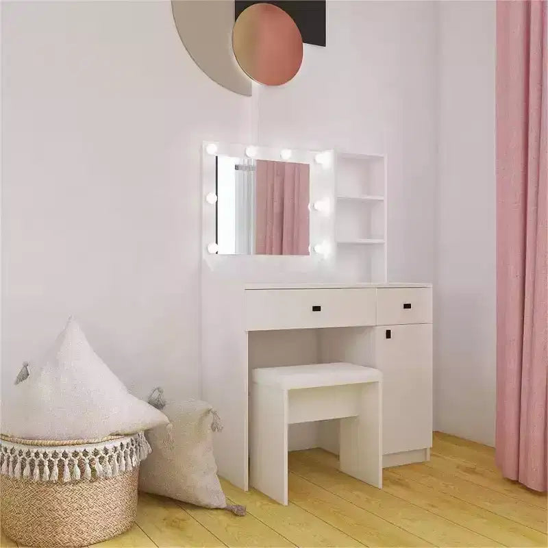 Wood Vanity Desk Set, Makeup Vanity Table with Mirror & 8 LED Light Bulbs, Open Shelves, 2 Drawers, 1 Makeup Stool for Home Office Bedroom White