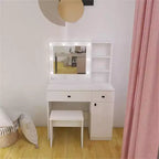 Coiffeuse en bois avec miroir et 8 ampoules LED, étagères ouvertes, 2 tiroirs, 1 tabouret de maquillage pour maison, bureau, chambre, blanc