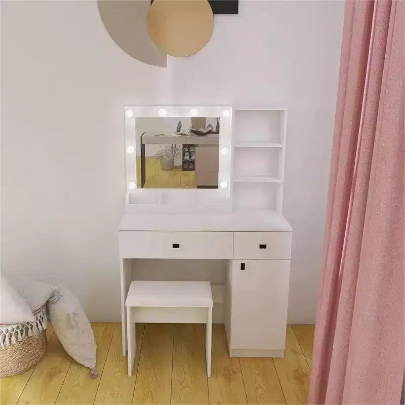 Coiffeuse en bois avec miroir et 8 ampoules LED, étagères ouvertes, 2 tiroirs, 1 tabouret de maquillage pour maison, bureau, chambre, blanc