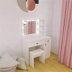 Coiffeuse en bois avec miroir et 8 ampoules LED, étagères ouvertes, 2 tiroirs, 1 tabouret de maquillage pour maison, bureau, chambre, blanc