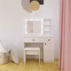 Coiffeuse en bois avec miroir et 8 ampoules LED, étagères ouvertes, 2 tiroirs, 1 tabouret de maquillage pour maison, bureau, chambre, blanc
