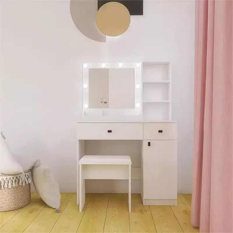 Coiffeuse en bois avec miroir et 8 ampoules LED, étagères ouvertes, 2 tiroirs, 1 tabouret de maquillage pour maison, bureau, chambre, blanc