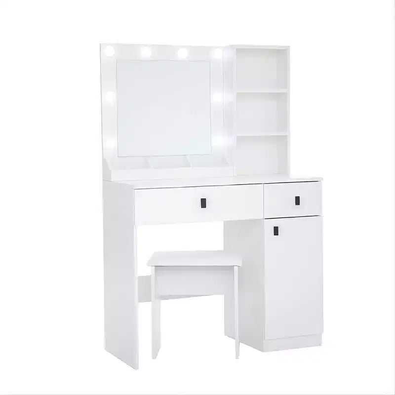 Coiffeuse en bois avec miroir et 8 ampoules LED, étagères ouvertes, 2 tiroirs, 1 tabouret de maquillage pour maison, bureau, chambre, blanc