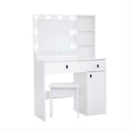 Coiffeuse en bois avec miroir et 8 ampoules LED, étagères ouvertes, 2 tiroirs, 1 tabouret de maquillage pour maison, bureau, chambre, blanc