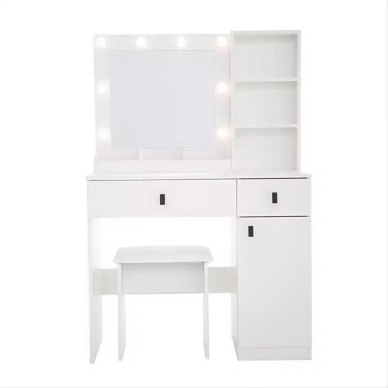 Coiffeuse en bois avec miroir et 8 ampoules LED, étagères ouvertes, 2 tiroirs, 1 tabouret de maquillage pour maison, bureau, chambre, blanc