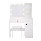 Coiffeuse en bois avec miroir et 8 ampoules LED, étagères ouvertes, 2 tiroirs, 1 tabouret de maquillage pour maison, bureau, chambre, blanc