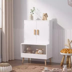 Meuble de rangement pour jouets d'enfants avec portes et étagère ouverte, Organisateur moderne en bois blanc avec pieds en bois naturel, Bibliothèque pour tout-petits pour salle de jeux