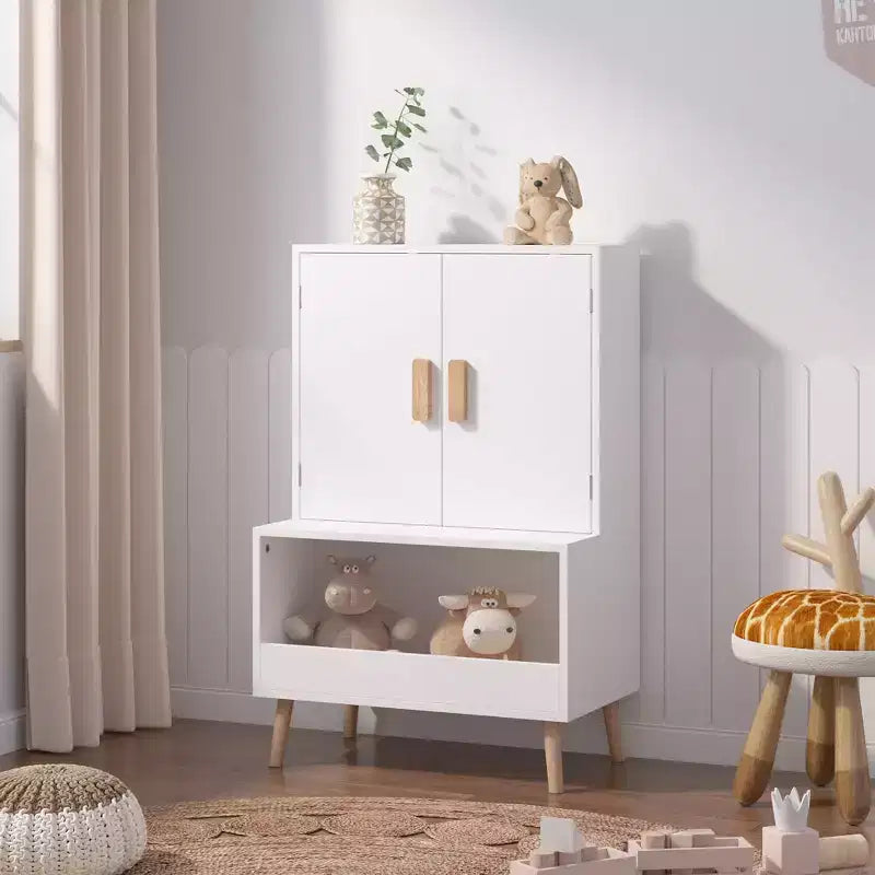 Meuble de rangement pour jouets d'enfants avec portes et étagère ouverte, Organisateur moderne en bois blanc avec pieds en bois naturel, Bibliothèque pour tout-petits pour salle de jeux