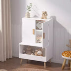 Meuble de rangement pour jouets d'enfants avec portes et étagère ouverte, Organisateur moderne en bois blanc avec pieds en bois naturel, Bibliothèque pour tout-petits pour salle de jeux