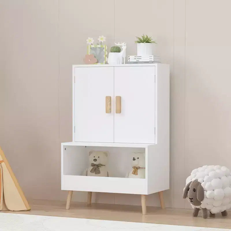 Meuble de rangement pour jouets d'enfants avec portes et étagère ouverte, Organisateur moderne en bois blanc avec pieds en bois naturel, Bibliothèque pour tout-petits pour salle de jeux