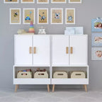 Meuble de rangement pour jouets d'enfants avec portes et étagère ouverte, Organisateur moderne en bois blanc avec pieds en bois naturel, Bibliothèque pour tout-petits pour salle de jeux
