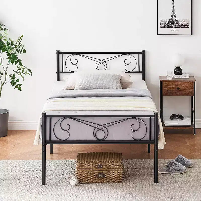 Cadres de lit jumeaux pour enfants, cadre de lit plateforme en métal avec tête et pied de lit, support de lattes de lit robuste, pas besoin de sommier tapissier, sans bruit, noir