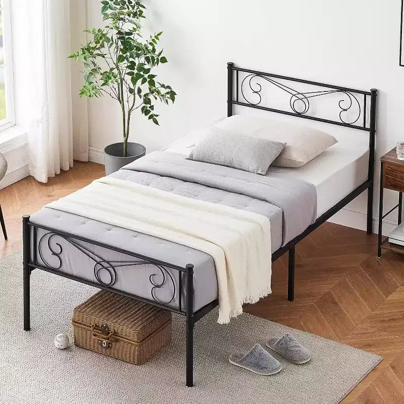 Cadres de lit jumeaux pour enfants, cadre de lit plateforme en métal avec tête et pied de lit, support de lattes de lit robuste, pas besoin de sommier tapissier, sans bruit, noir