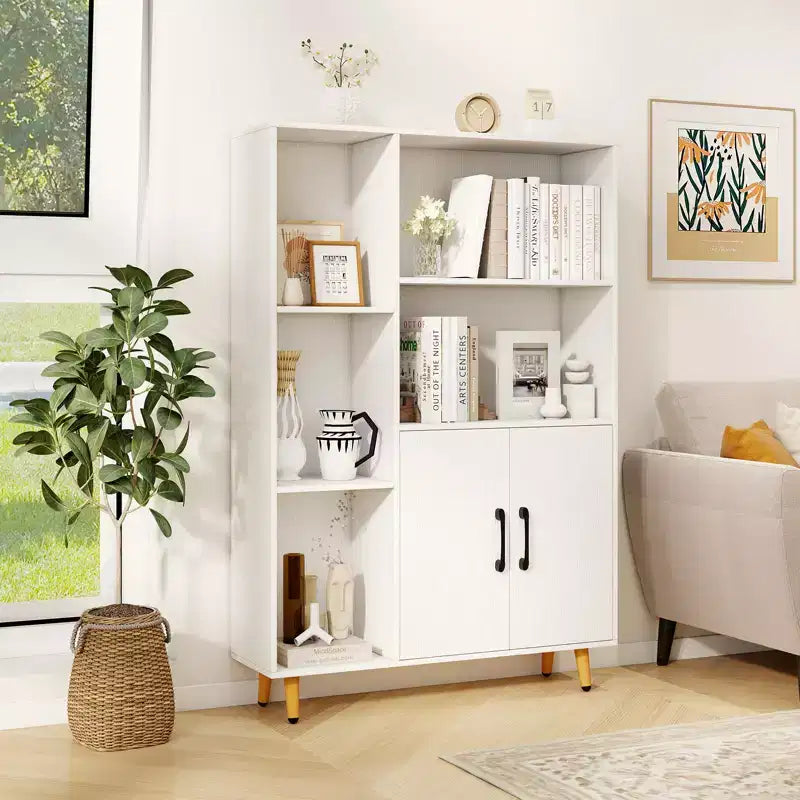 Meuble de rangement autoportant Costway avec 5 étagères ouvertes, meuble à double porte, pieds en métal Noir/Blanc