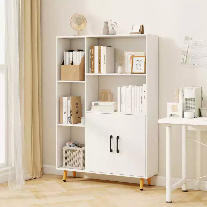 Meuble de rangement autoportant Costway avec 5 étagères ouvertes, meuble à double porte, pieds en métal Noir/Blanc