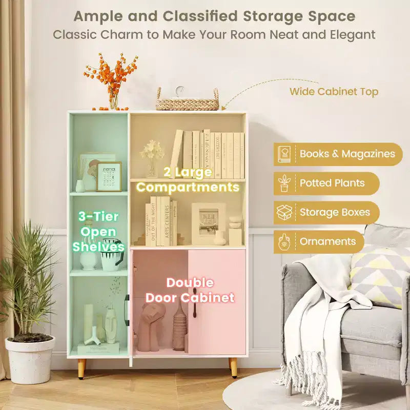 Meuble de rangement autoportant Costway avec 5 étagères ouvertes, meuble à double porte, pieds en métal Noir/Blanc