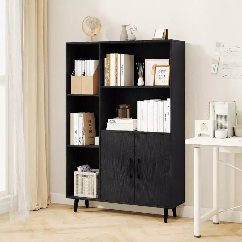 Meuble de rangement autoportant Costway avec 5 étagères ouvertes, meuble à double porte, pieds en métal Noir/Blanc
