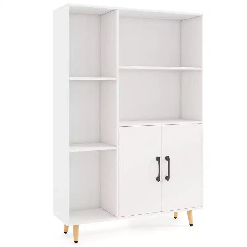 Meuble de rangement autoportant Costway avec 5 étagères ouvertes, meuble à double porte, pieds en métal Noir/Blanc
