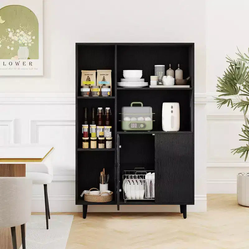 Meuble de rangement autoportant Costway avec 5 étagères ouvertes, meuble à double porte, pieds en métal Noir/Blanc