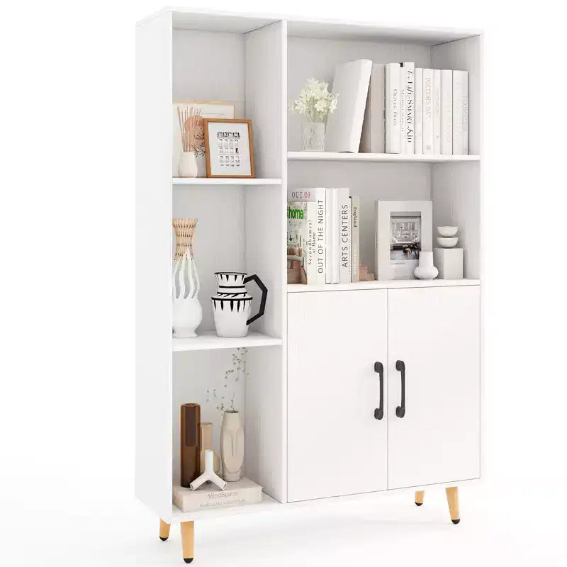 Meuble de rangement autoportant Costway avec 5 étagères ouvertes, meuble à double porte, pieds en métal Noir/Blanc