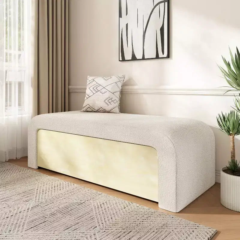 TUYOHW Banc ottoman incurvé élégant avec tiroir, banc de rangement en boucle moelleux pour le bout de lit de chambre et de salon, capacité de 136 kg, marron clair/blanc