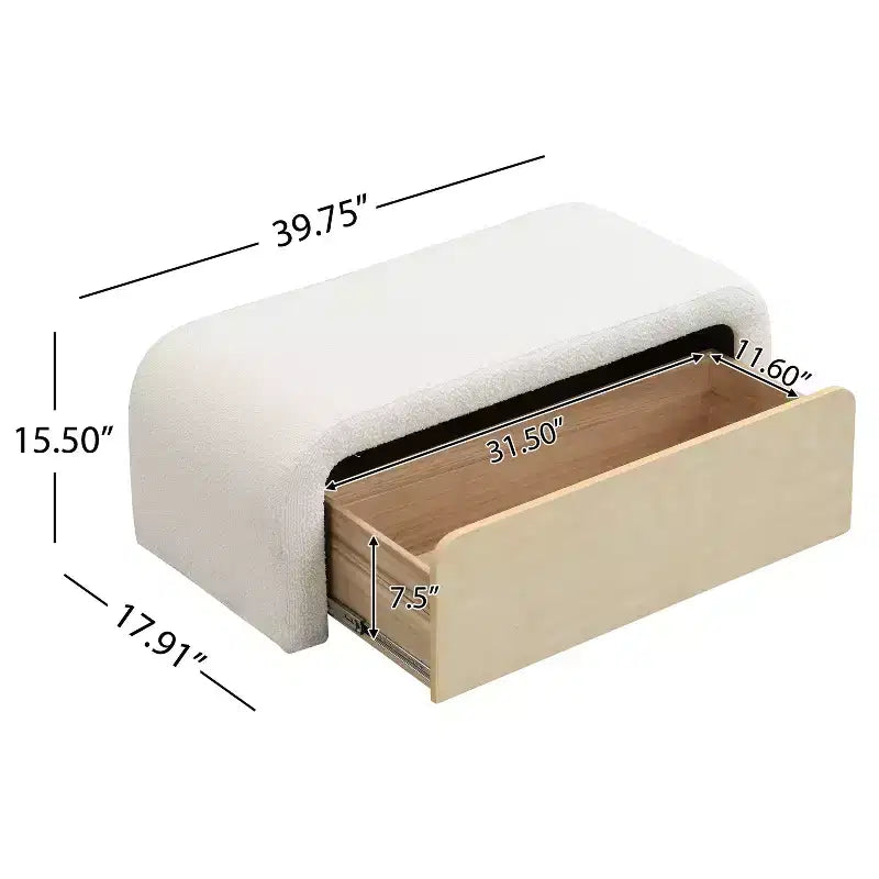 TUYOHW Banc ottoman incurvé élégant avec tiroir, banc de rangement en boucle moelleux pour le bout de lit de chambre et de salon, capacité de 136 kg, marron clair/blanc