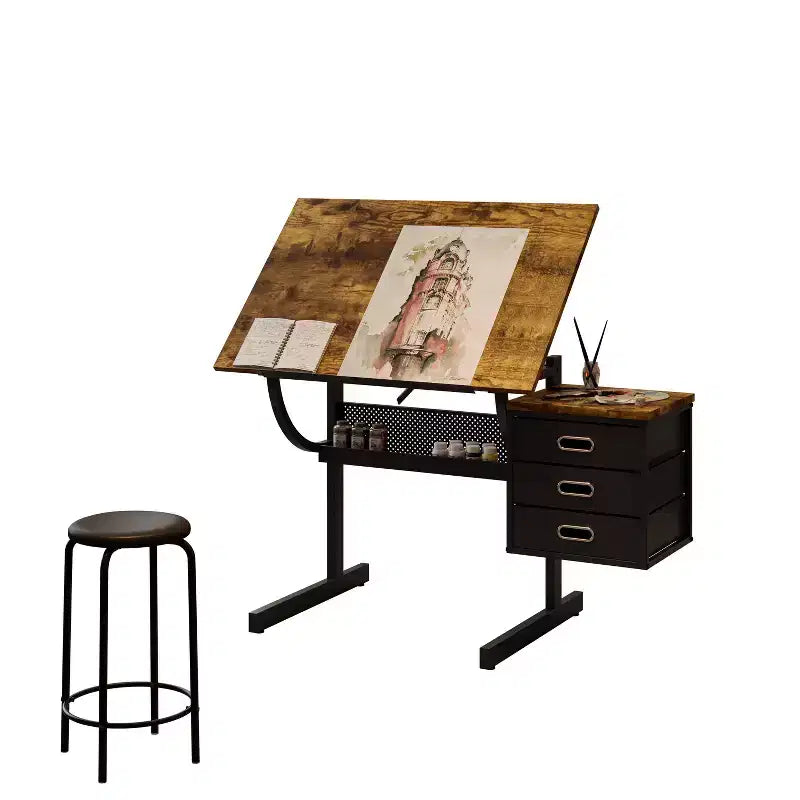 JVNOXKKTable à dessin réglable en hauteur, idéale pour les travaux manuels, la lecture et l'écriture, avec tabouret et 3 tiroirs de rangement. Noire.