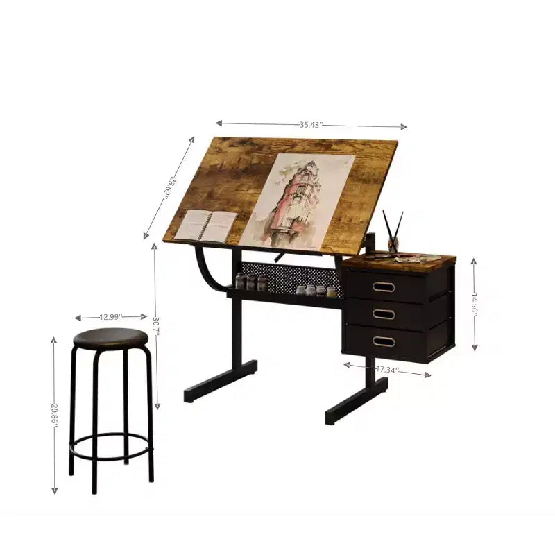 JVNOXKKTable à dessin réglable en hauteur, idéale pour les travaux manuels, la lecture et l'écriture, avec tabouret et 3 tiroirs de rangement. Noire.