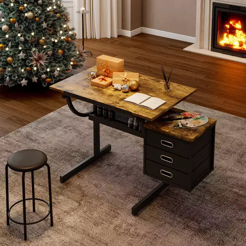 JVNOXKKTable à dessin réglable en hauteur, idéale pour les travaux manuels, la lecture et l'écriture, avec tabouret et 3 tiroirs de rangement. Noire.