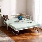Lit de repos en métal robuste Karl Home de taille double avec lit gigogne escamotable, aucun sommier tapissier requis, blanc