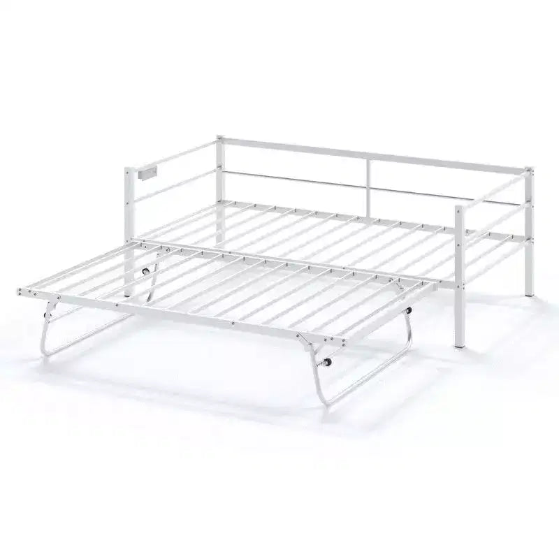 Lit de repos en métal robuste Karl Home de taille double avec lit gigogne escamotable, aucun sommier tapissier requis, blanc
