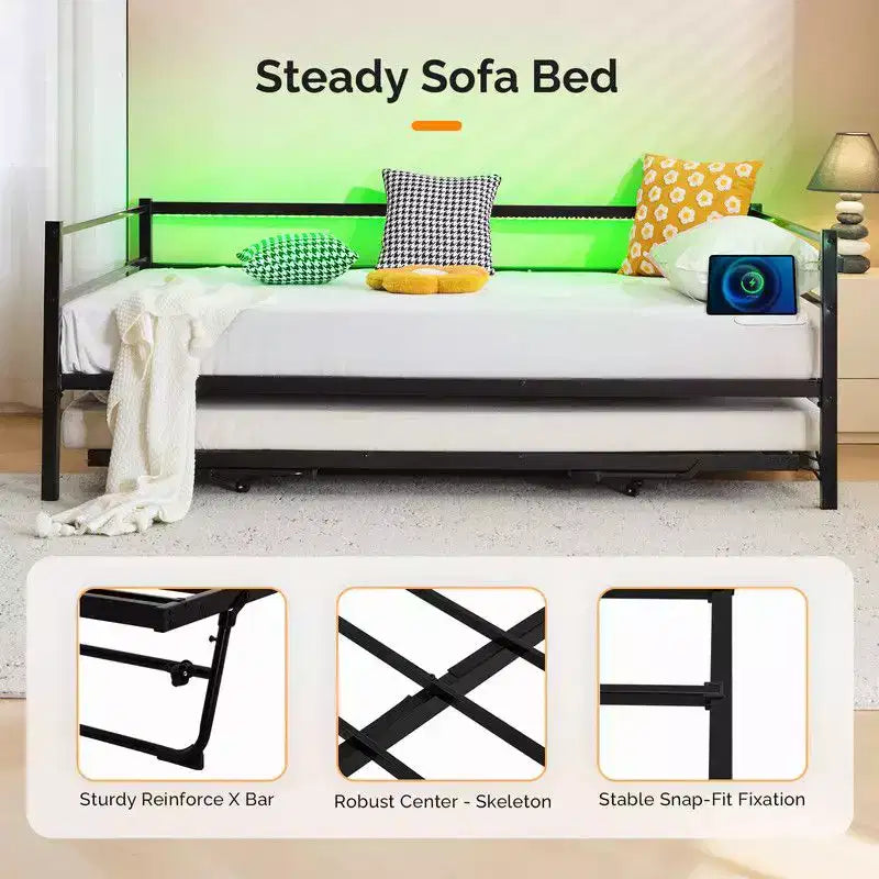 Lit de repos en métal robuste Karl Home de taille double avec lit gigogne escamotable, aucun sommier tapissier requis, blanc
